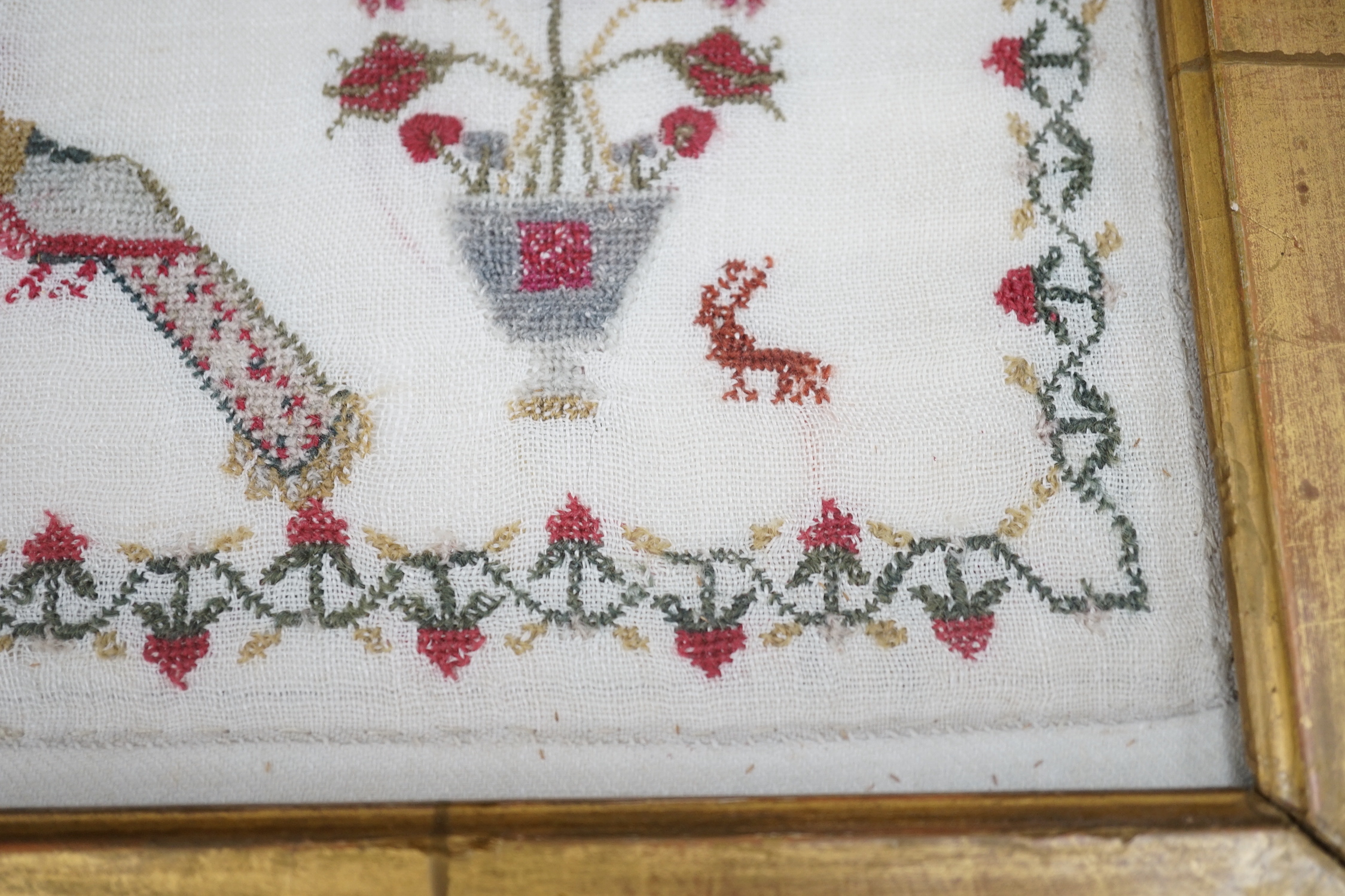 A framed 19th century sampler, 44cm sq excl frame